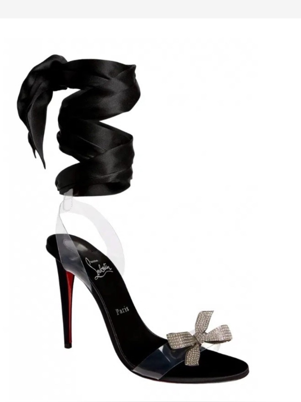 Christian Louboutin Black Satin Bow Crystal-Embellished Ankle Tie heels